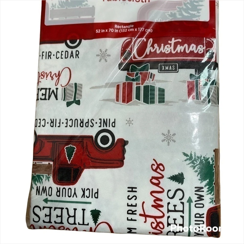 Red Pickup Truck Table Cloth Christmas Tree NWT White Green